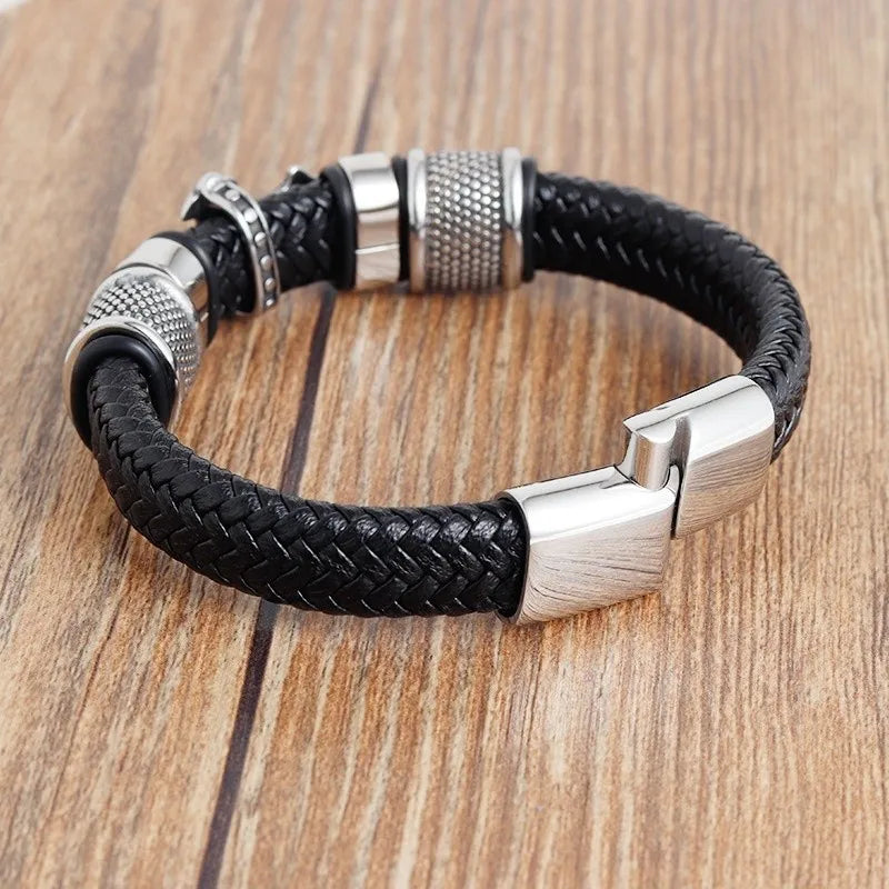 Luxury Men's Titanium Steel Bracelet - Vintage Leather Braided