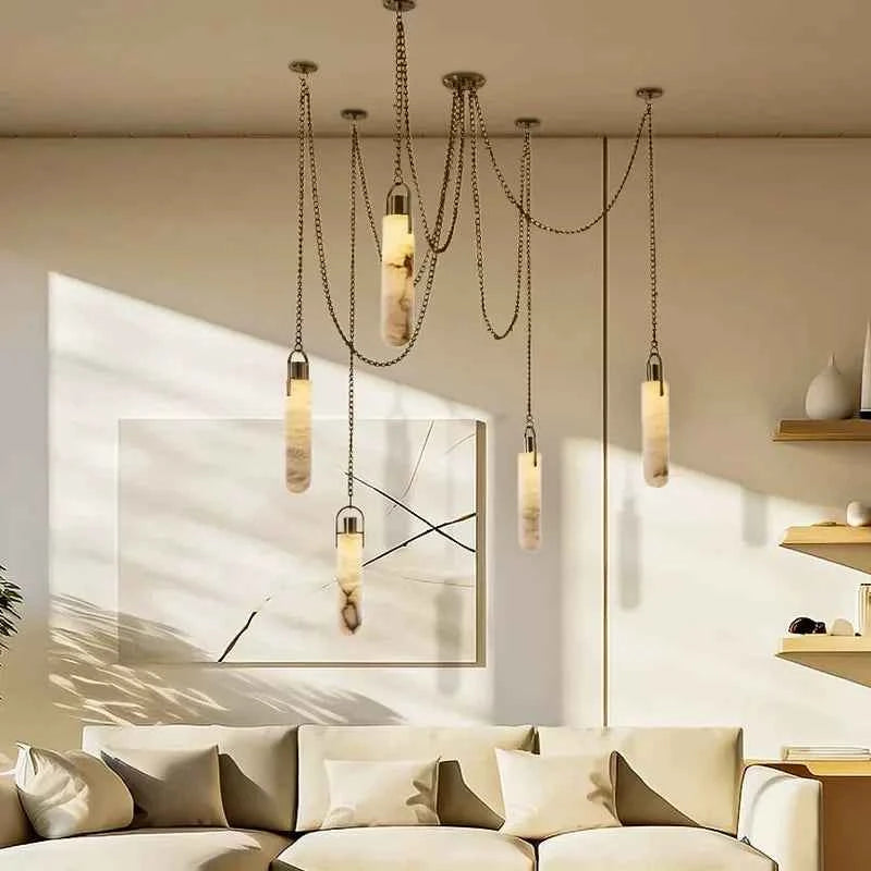 Luxury Marble Pendant Chandelier – Premium Solid Brass Multi-Light Ceiling Lamp for Living Room, Dining Area, Loft & Staircase Decor - Tulique