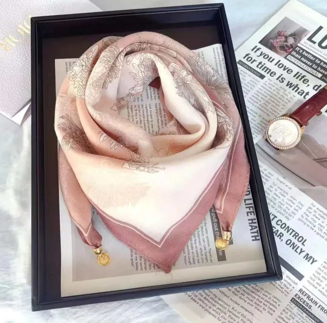 Luxury Silk Square Scarf - Magnetic Buckle & Print