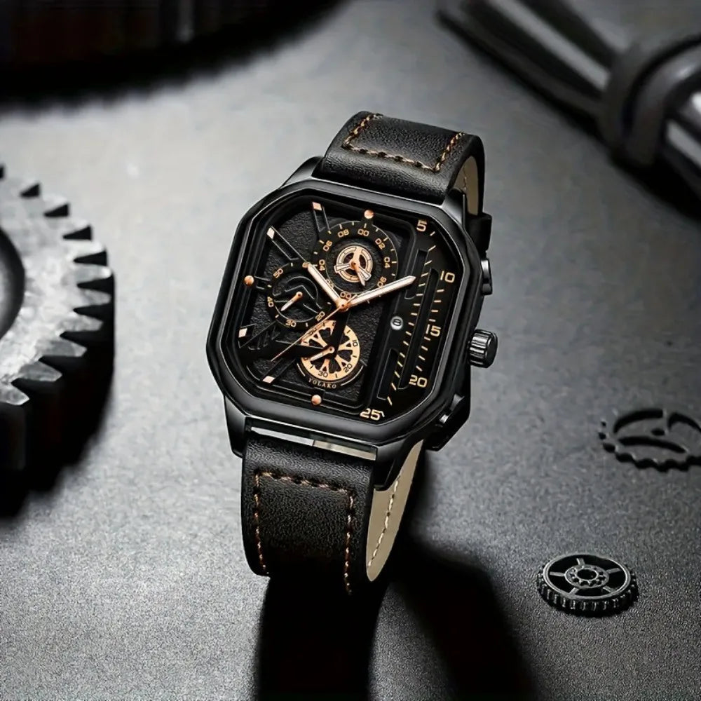 Luxury Men Square Watch - Casual PU Leather Sports Timepiece