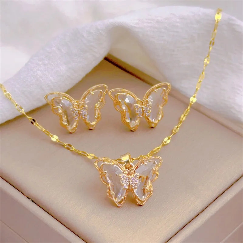 Elegant Butterfly Necklace Earrings Set - Light Luxury Jewelry