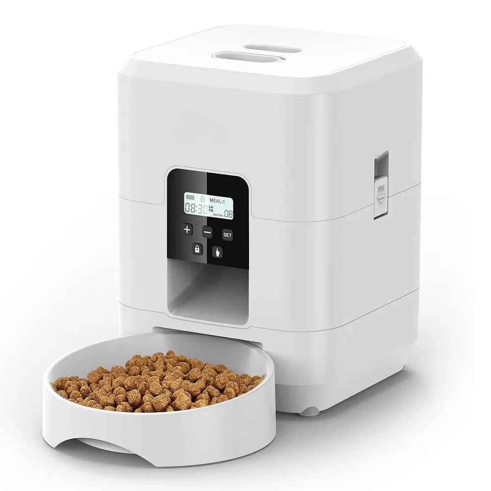 Smart pet feeder - white automatic 2L food dispenser for cats and dogs with an LCD display