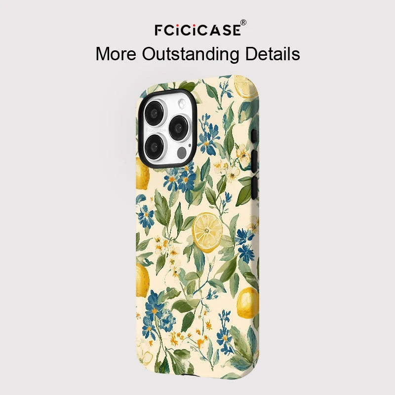Premium Magnetic Shockproof iPhone Case - Floral Lemon Design