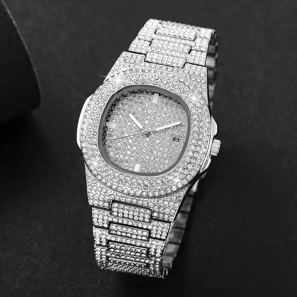Luxury Diamond Men's Quartz Watch - Stainless Steel with Calendar
