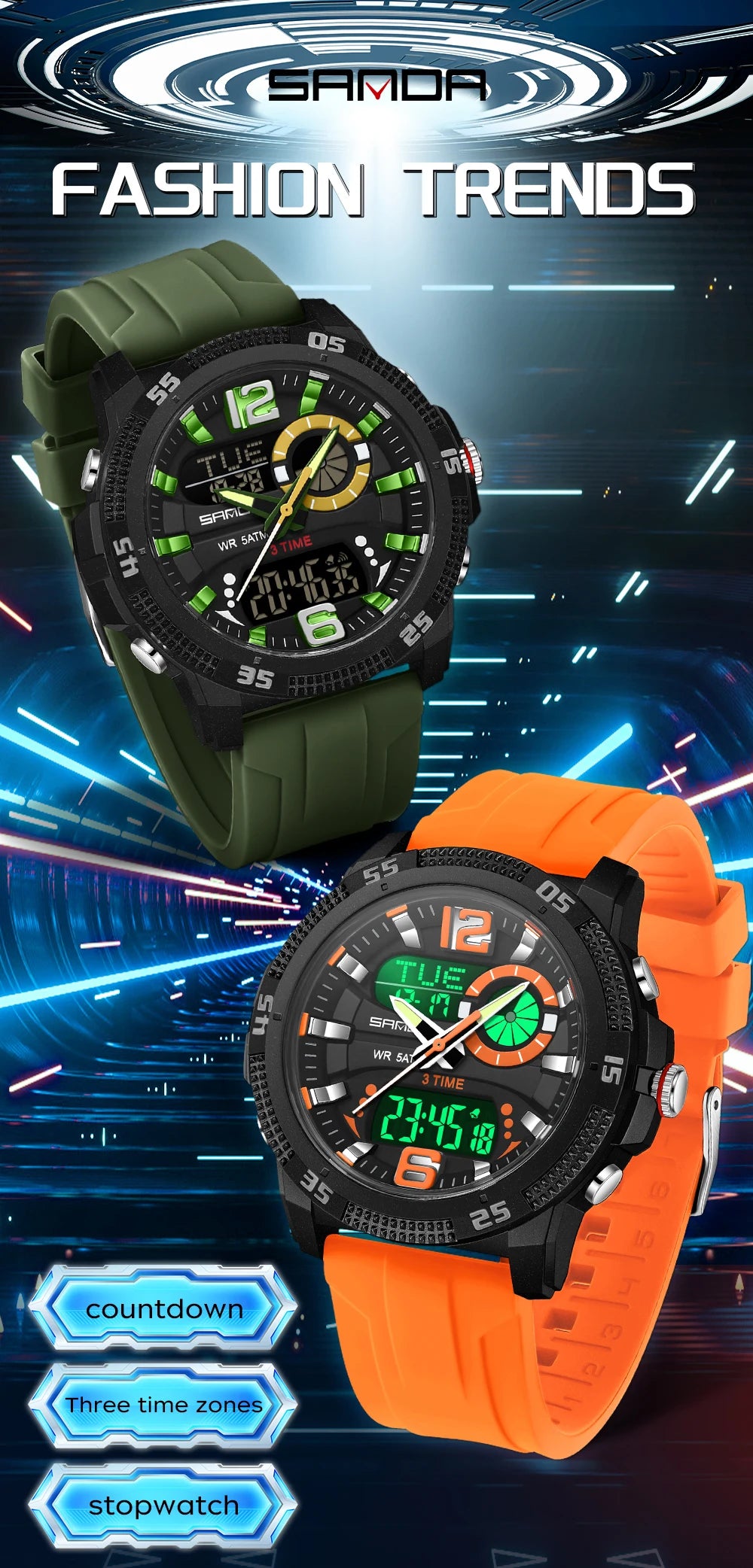 Premium Men's Sports Watch - Dual Time LED