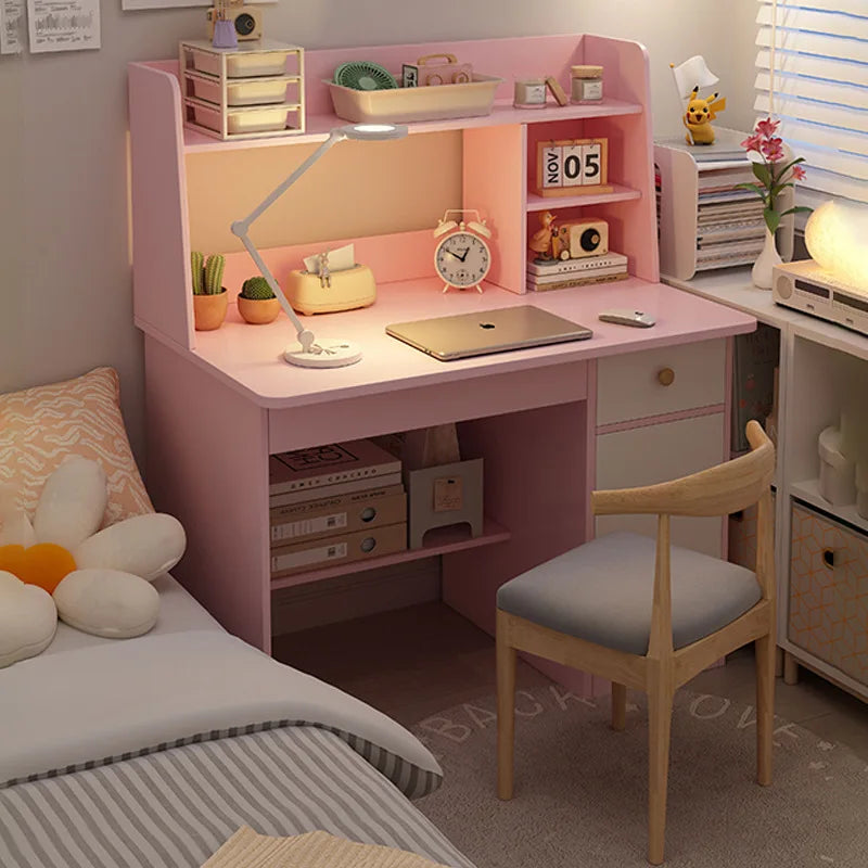 Integrated Computer Desk - Premium wooden desk with built-in bookshelf for home bedroom
