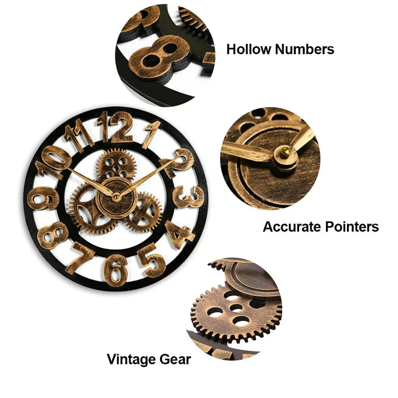 Premium Industrial Wood Wall Clock - European Retro Style
