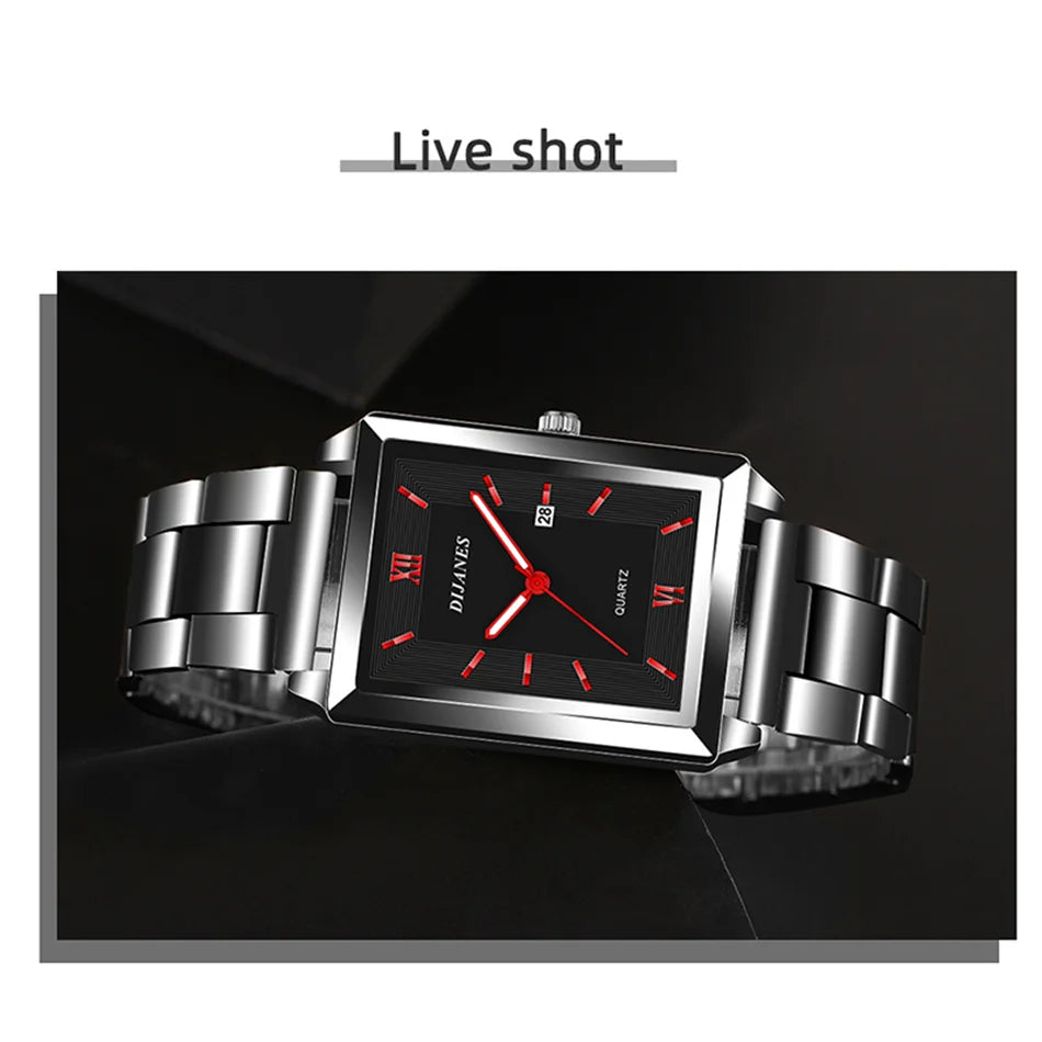 Elegant Men's Rectangle Watch - Stainless Steel Quartz