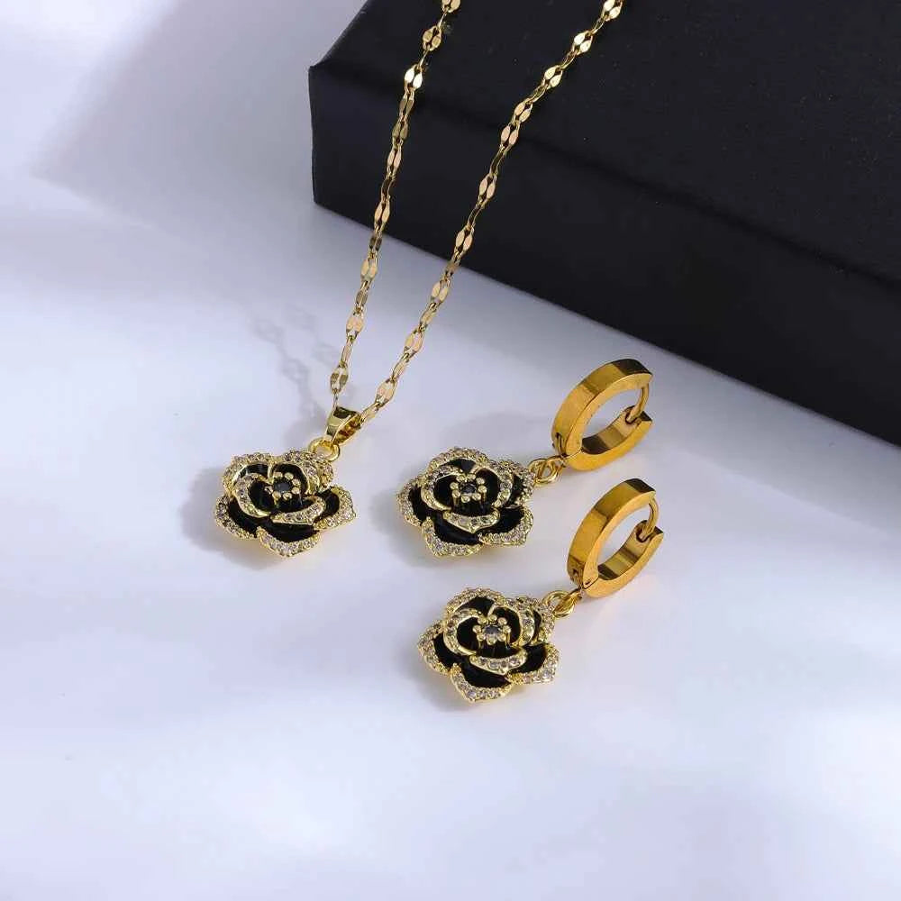 Luxury 18K Gold Plated Black Rose Jewelry Set