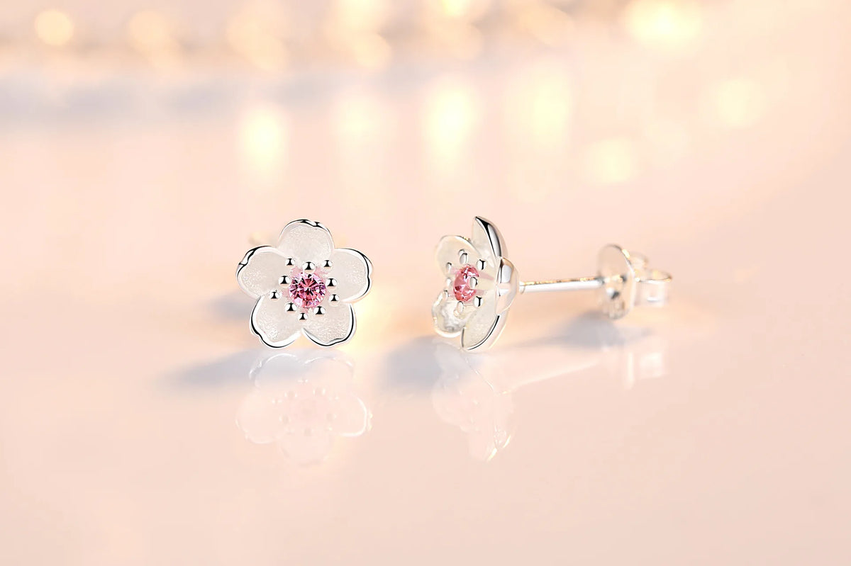 Elegant Sterling Silver Flower Stud Earrings - Luxury Zircon Jewelry