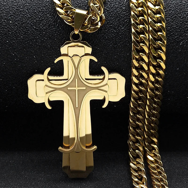 Luxury Layered Cross Pendant Necklace - Stainless Steel