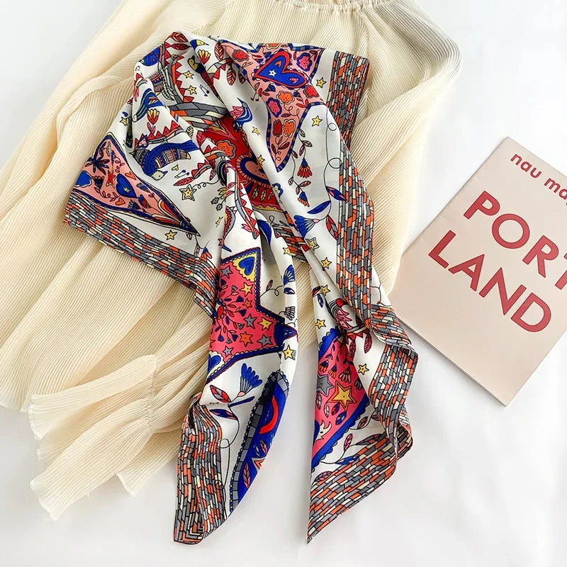 Luxury Square Silk Scarf - Elegant Tree Print Neck Shawl