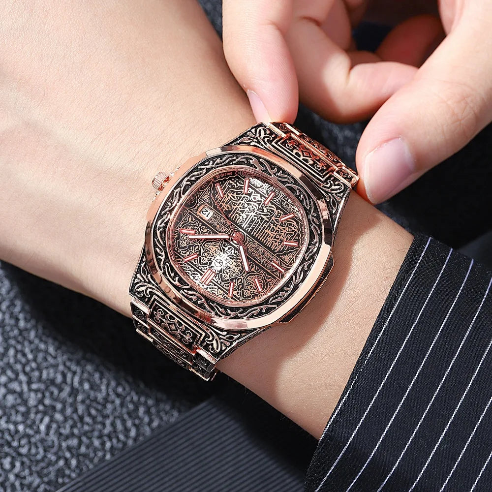 Elegant Men's Quartz Wristwatch - Embossed Stainless Steel