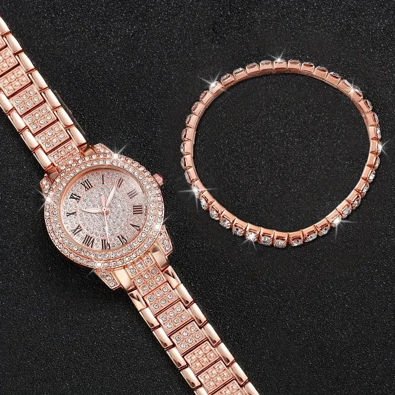 Elegant Diamond Roman Quartz Watch & Bracelet Set