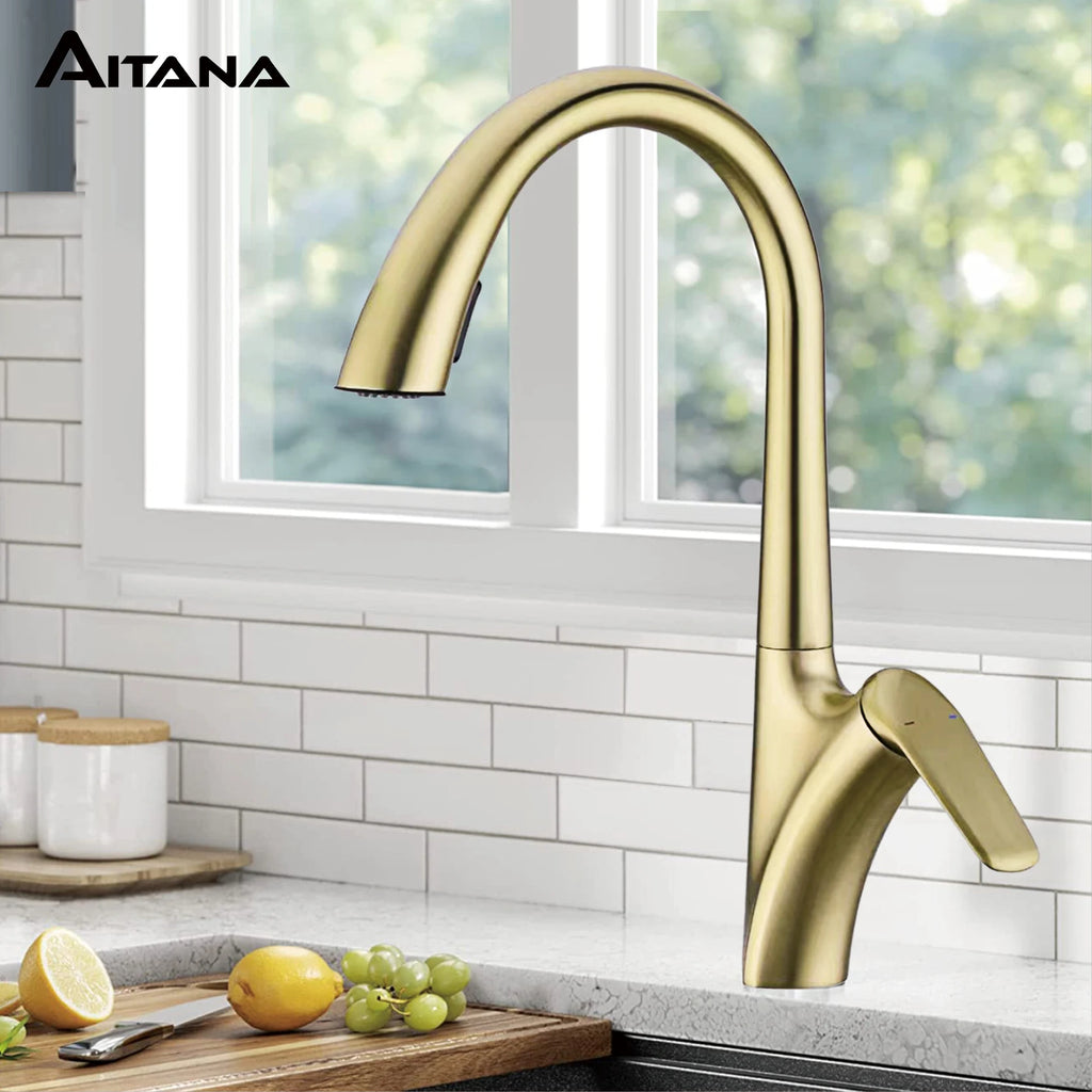 Brushed gold kitchen faucet - luxury pull-out design with single handle