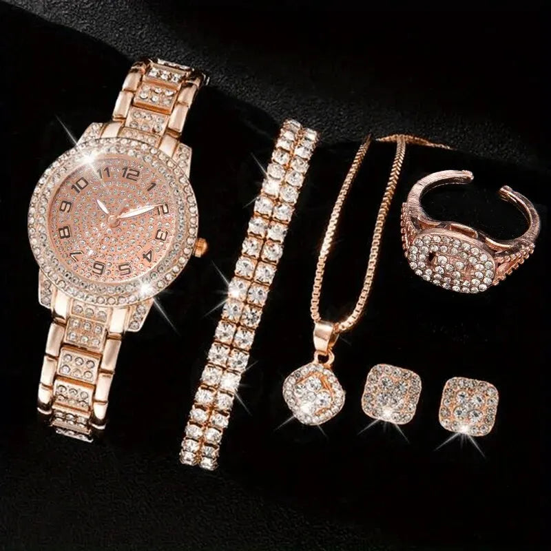 Elegant Crystal Wristwatch & Rhinestone Bracelet Set