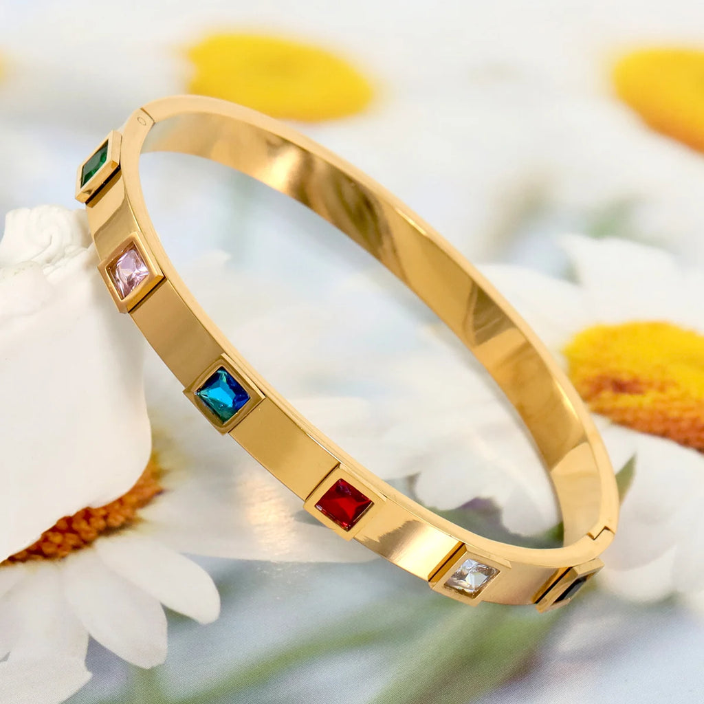 Elegant Gold Zircon Bangle - Stainless Steel & Retro Design