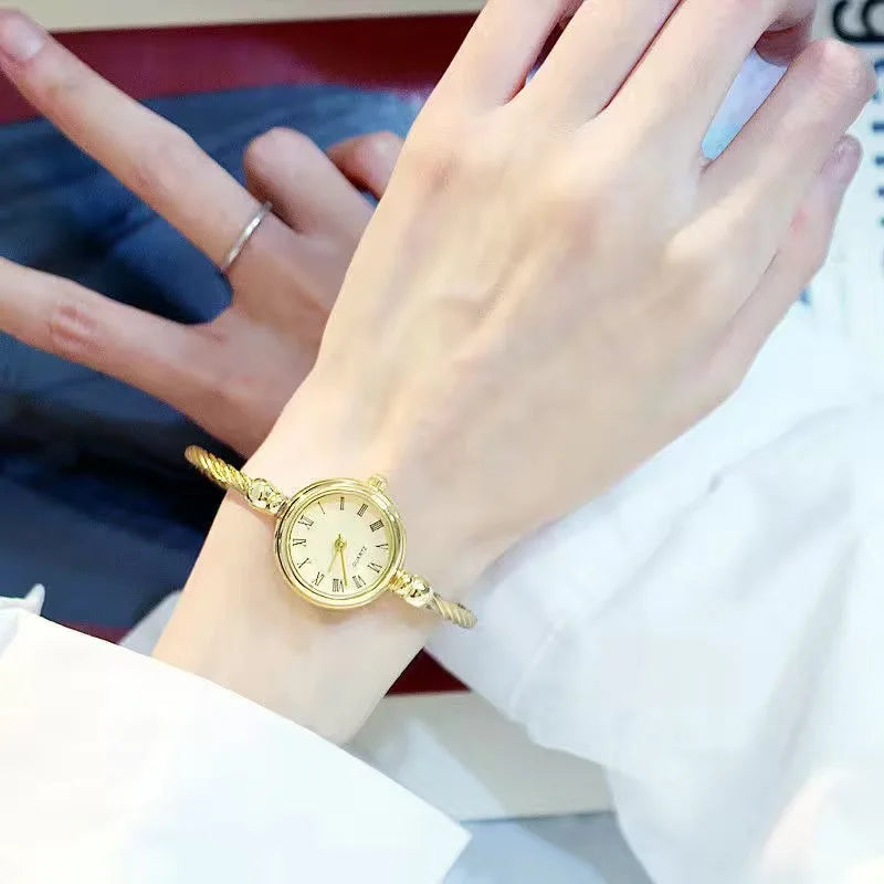 Elegant Small Gold Bangle Watch - Retro Stainless Steel Quartz