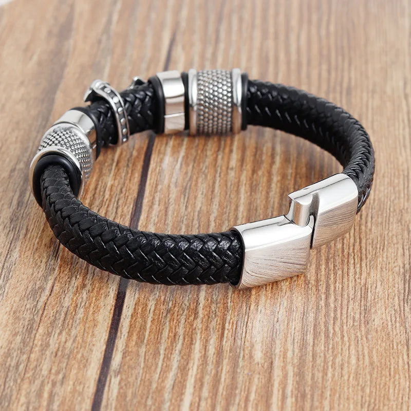 Luxury Men's Titanium Steel Bracelet - Vintage Leather Braided