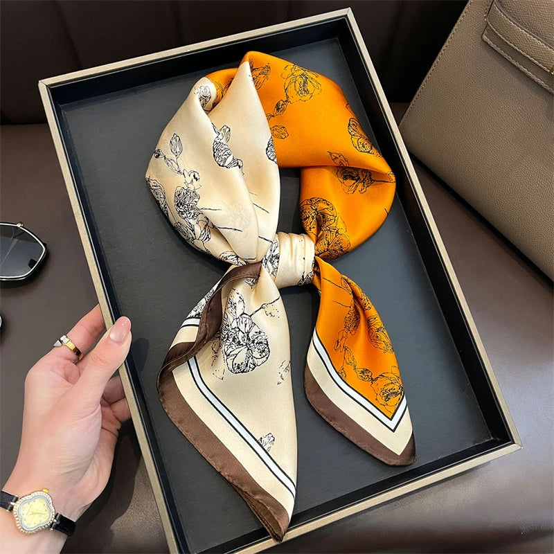 Elegant Bohemian Silk Square Scarf - Floral Satin Neck Scarf