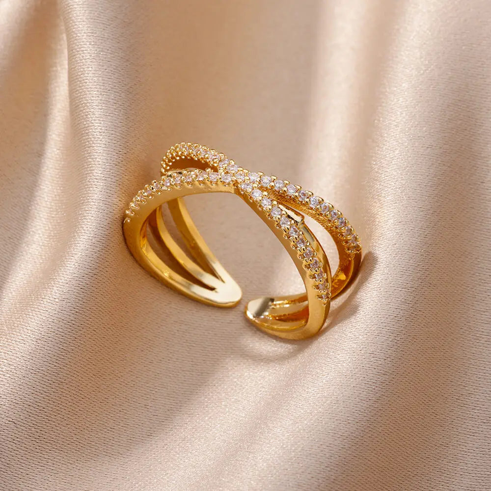 Luxury Gold Zircon Geometric Ring - Stainless Steel Aesthetic Jewelry