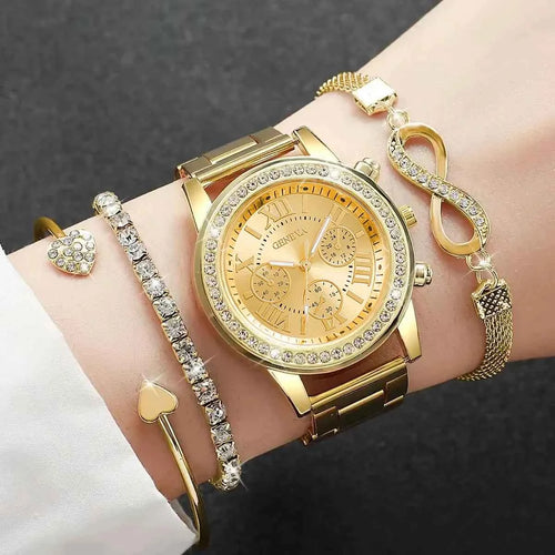 Elegant Ladies Quartz Watch Set - Luxury Rhinestone Steel Band