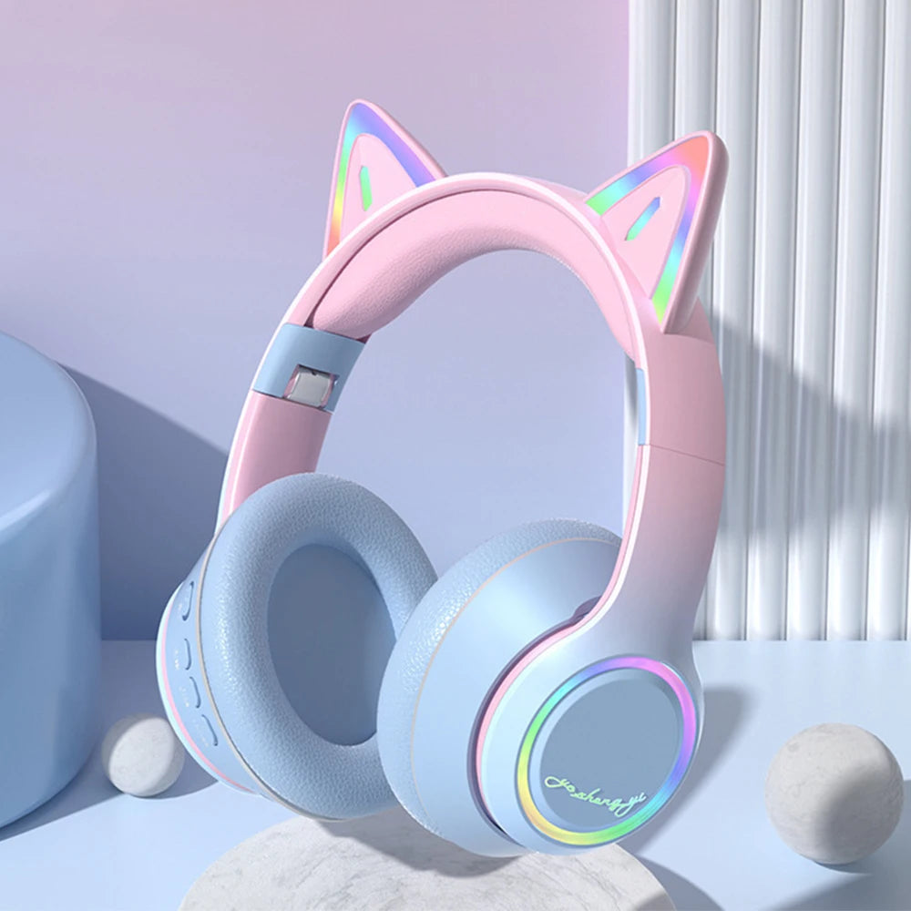 Premium RGB Cat Ear Headphones - Wireless Bluetooth 5.3 & Mic
