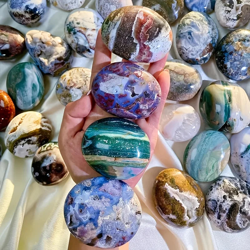 Premium Ocean Jasper Palm Stone - Smooth Polished Marbled Gem