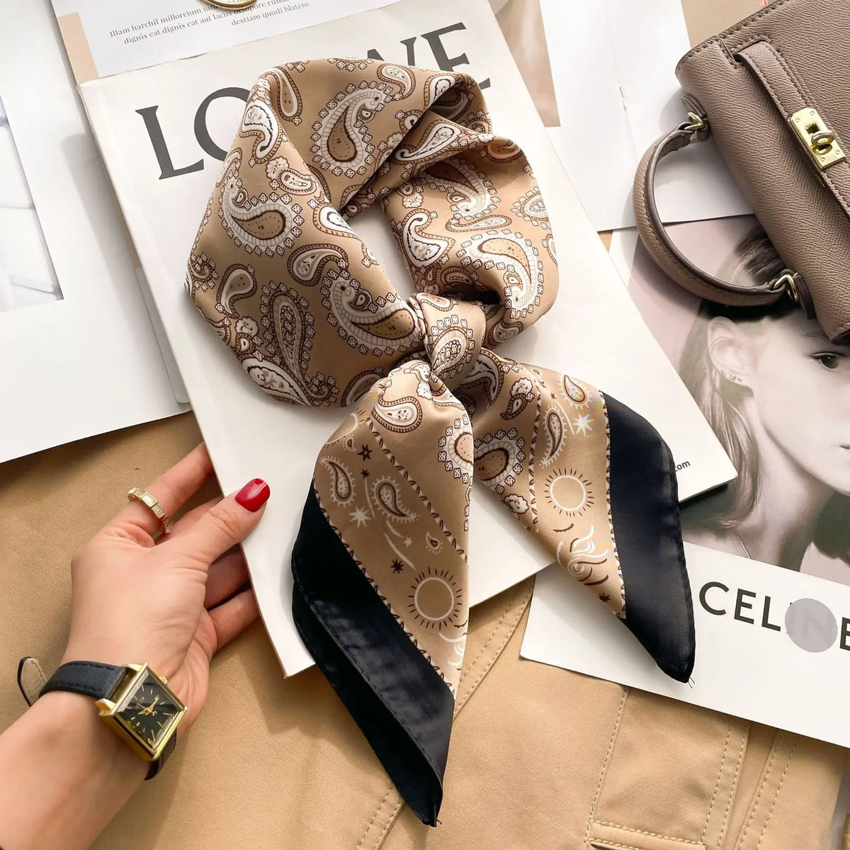 Luxury Silk Square Scarf - Elegant Designer Neckerchief & Purse Accessory