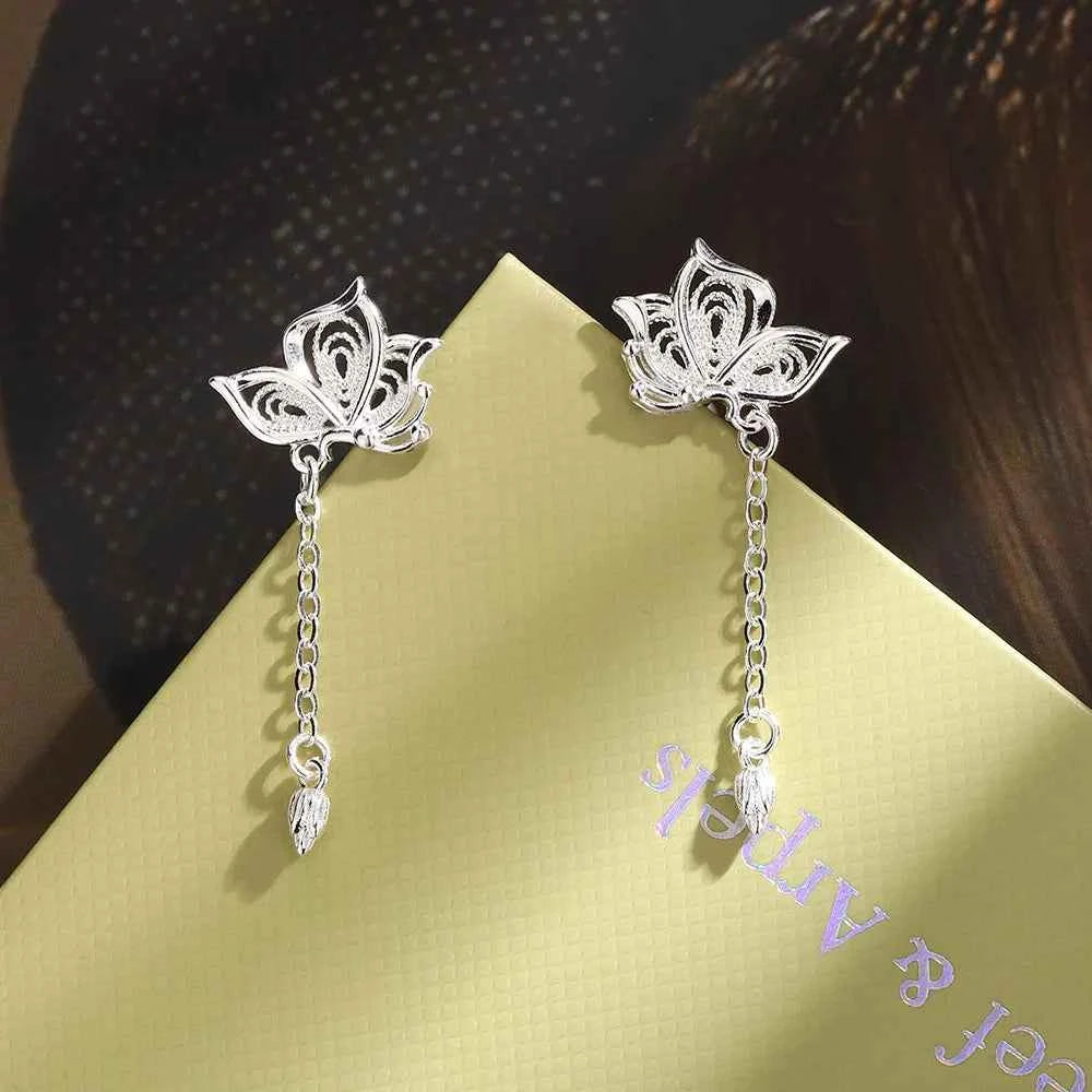 Luxury Sterling Silver Hollow Butterfly Stud Earrings