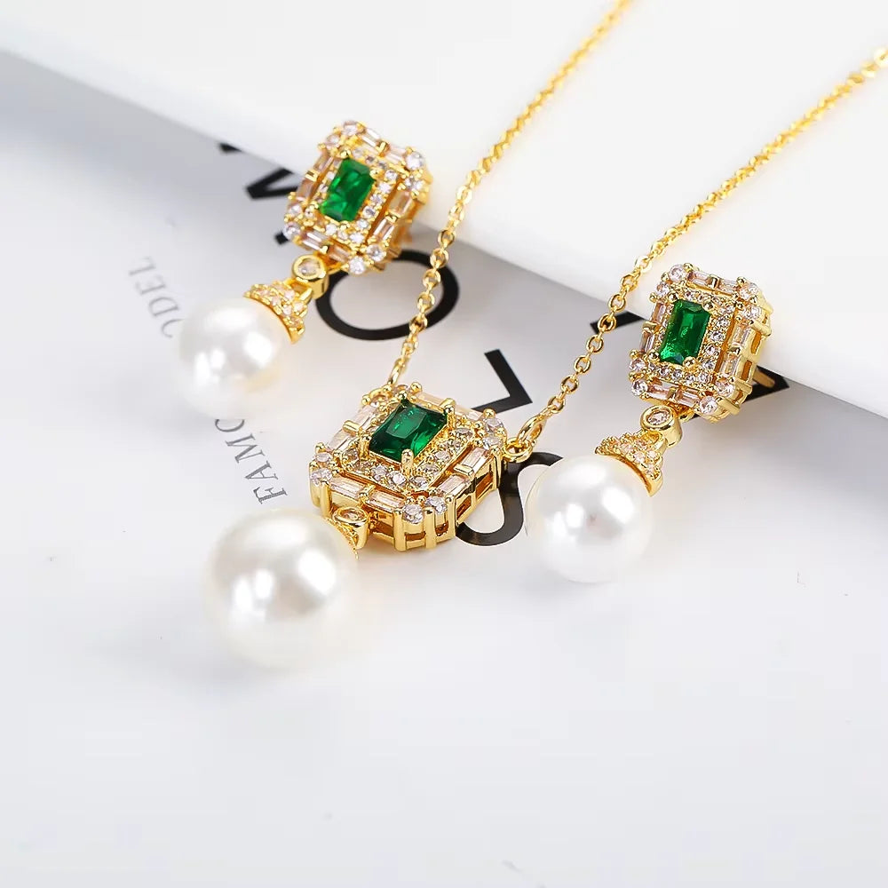 Luxury Pearl Pendant Necklace Earring Set - 18K Gold Plated