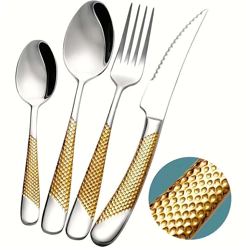 Hammered flatware set - golden silvery stainless steel knives, forks, and spoons for dining