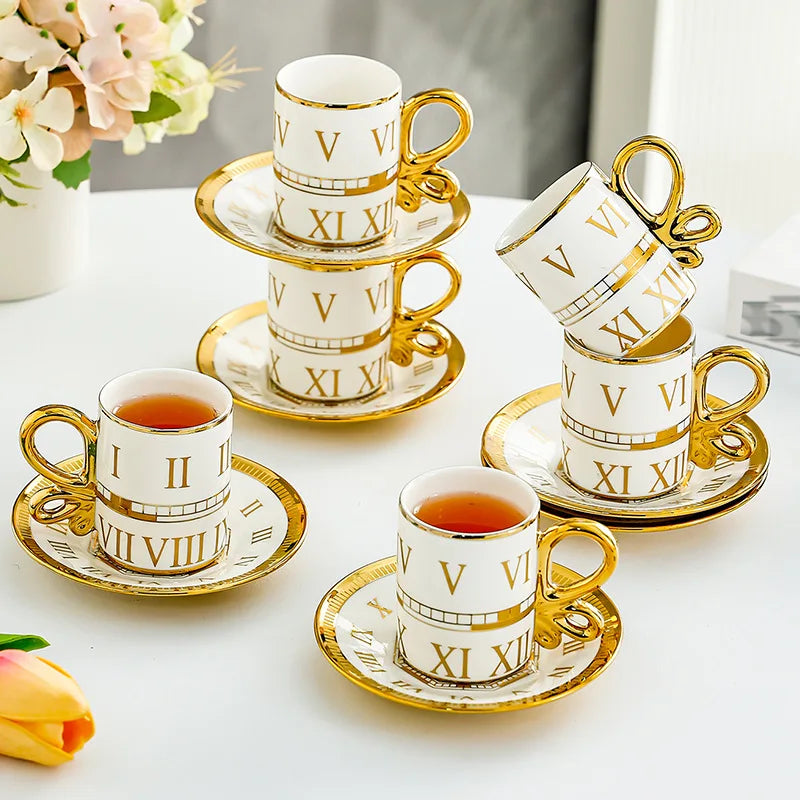 Luxury Ceramic Coffee Cup - 100ml white porcelain cup with gold edging and matching dish, European style