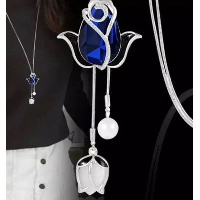Luxury Crystal Flower Long Sweater Necklace - Elegant Pendant