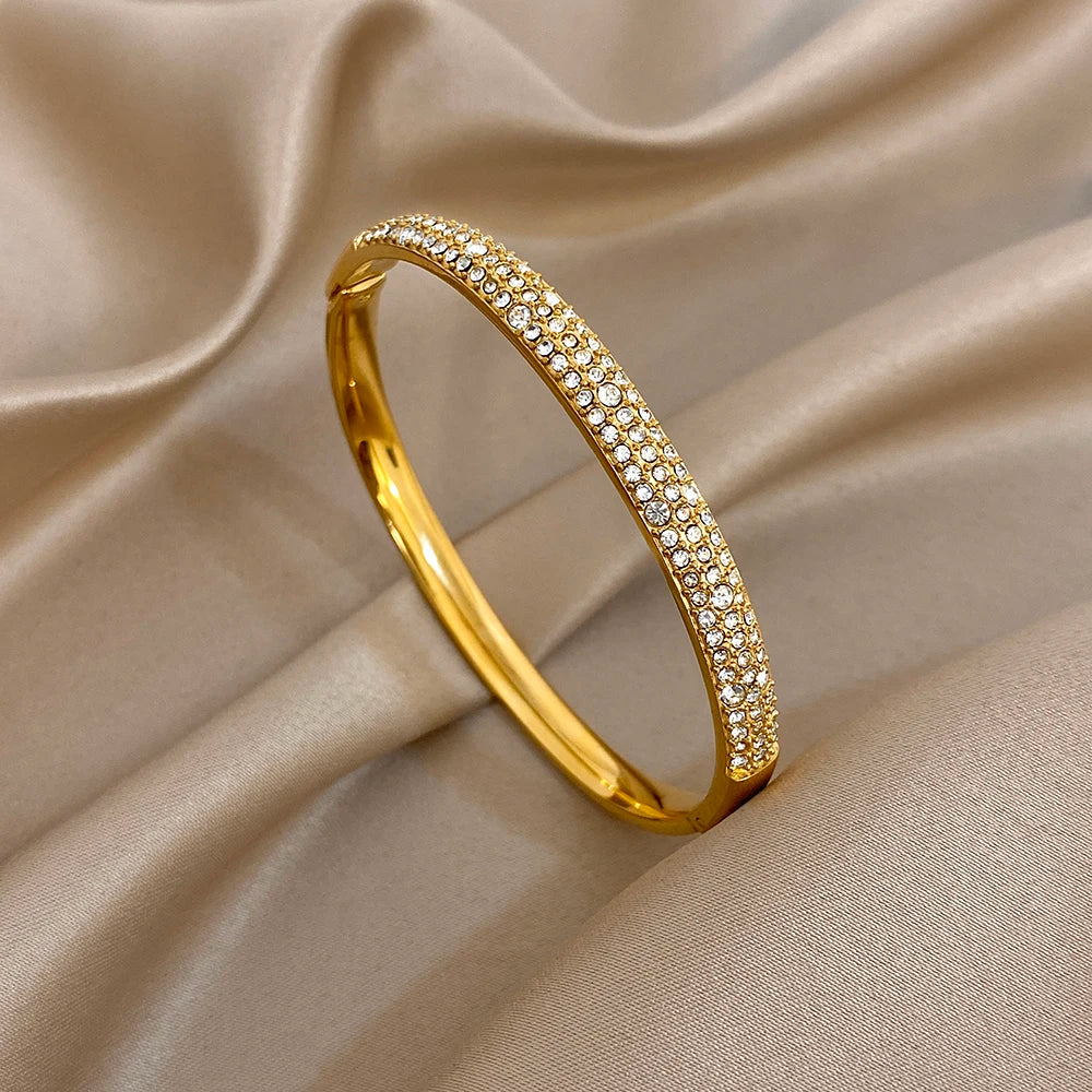 Luxury Zircon Cuff Bracelet - Waterproof Gold & Silver Stainless Steel