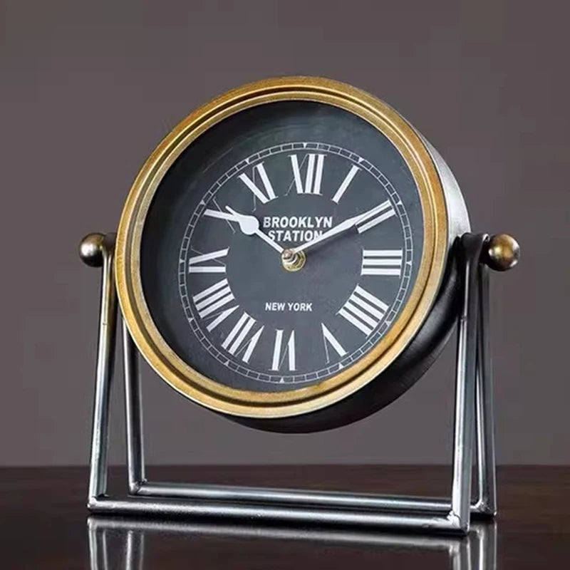 Retro Metal Desk Clock - Elegant black metal silent quartz desk clock for living room decoration