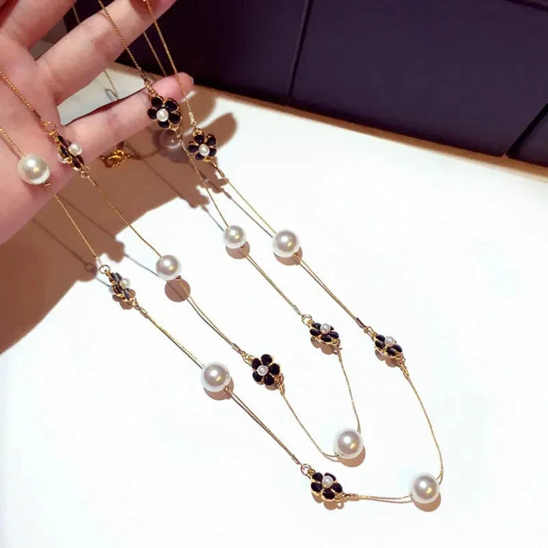 Elegant Long Pearl Necklace - Multilayer Camellia Flower Design