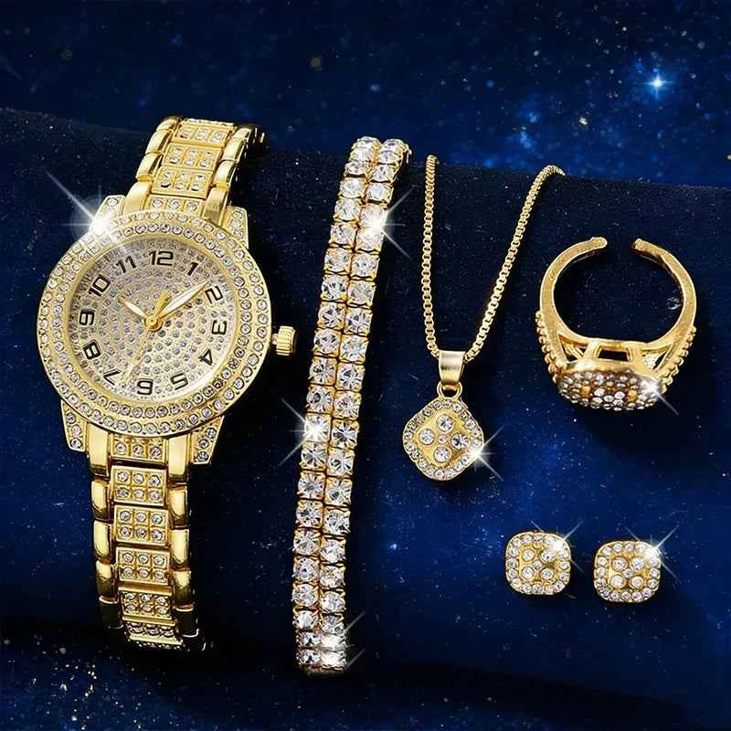 Elegant Women Gold Watch Set - Quartz Diamond Wristwatch