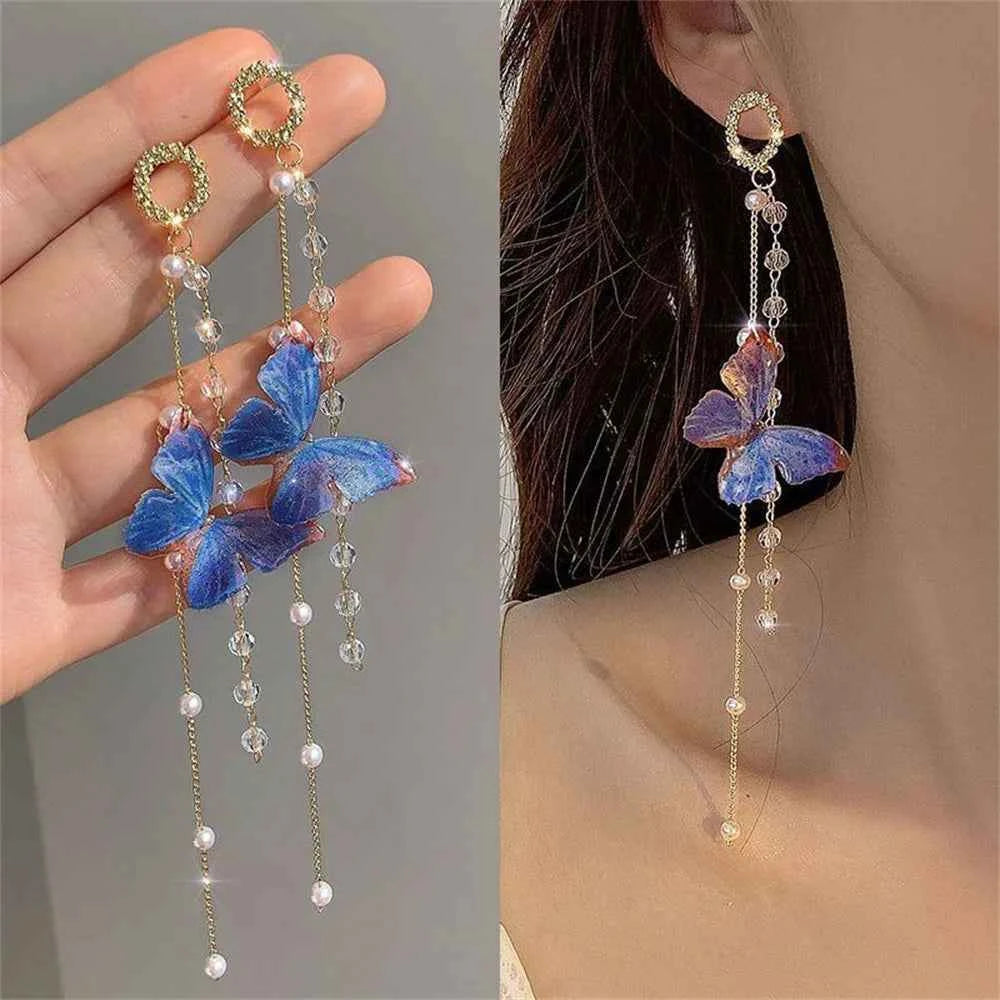 Elegant Tassel Butterfly Earrings - Zircon Crystal & Pearl