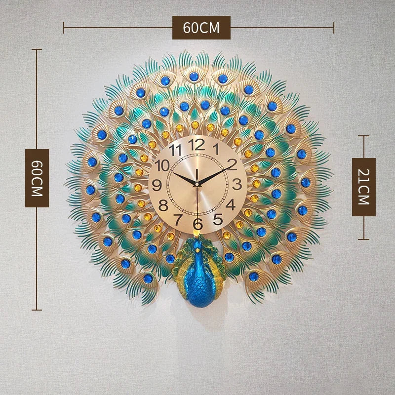 Elegant Vintage Metal Wall Clock - Large Peacock Design