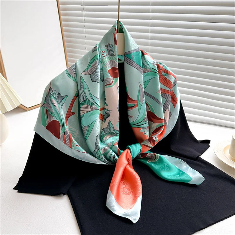 Luxury Square Silk Scarf - Elegant Tree Print Neck Shawl