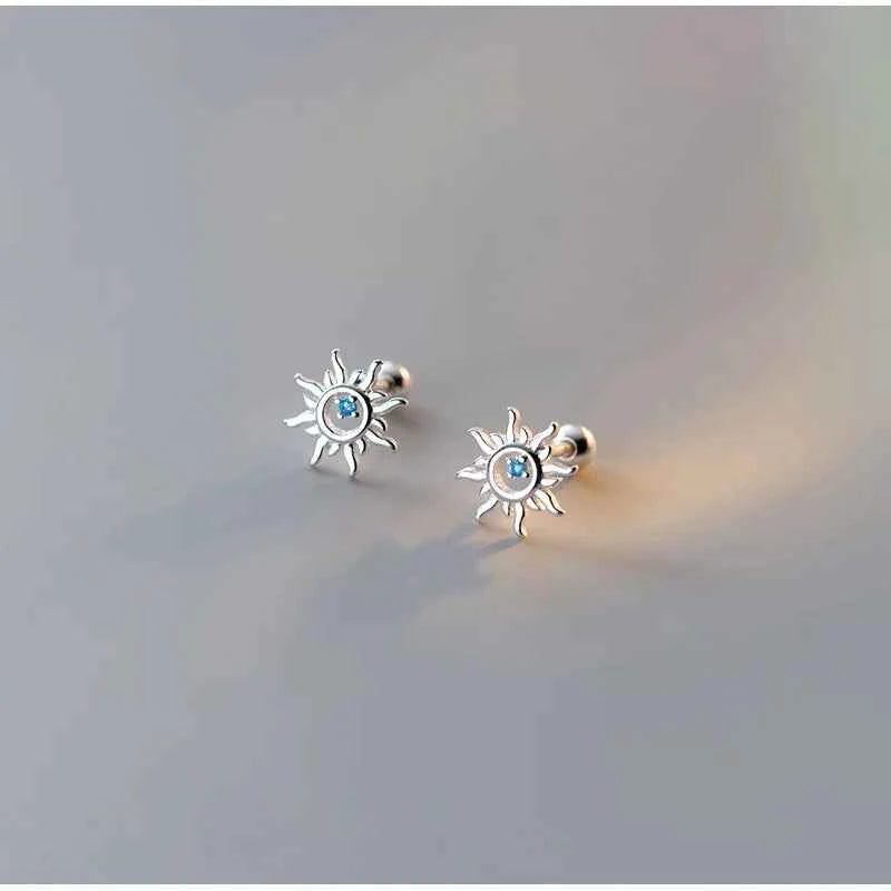 Elegant Sterling Silver Blue Zircon Sun Stud Earrings