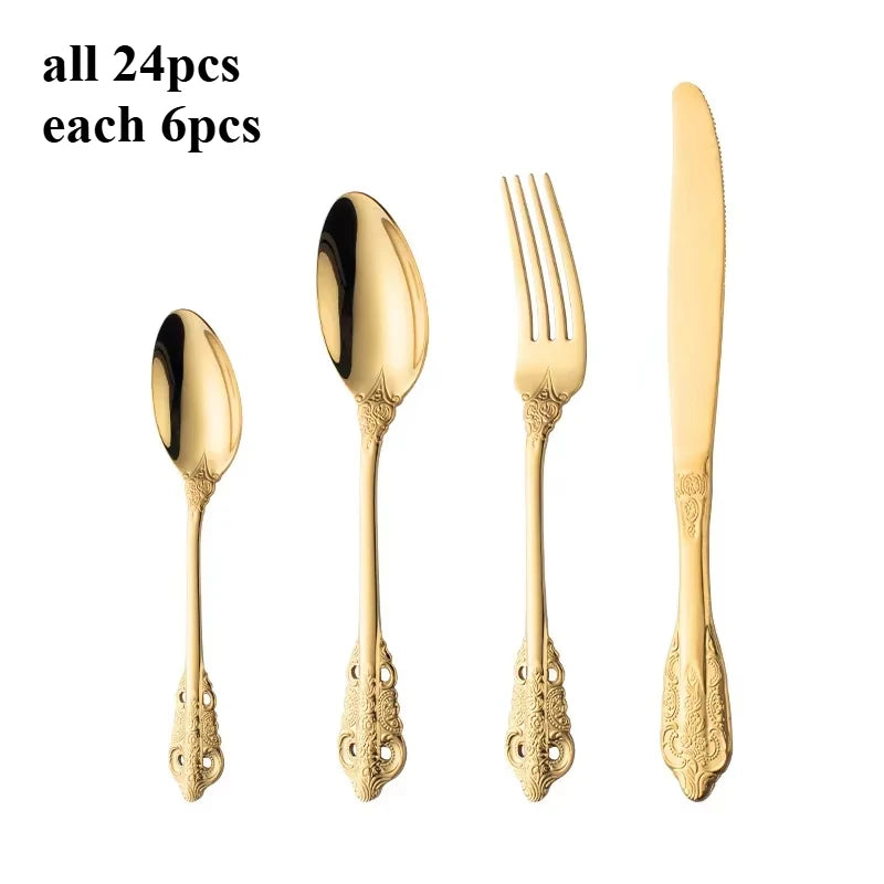 Elegant Vintage Gold Flatware Set - Stainless Steel Luxury