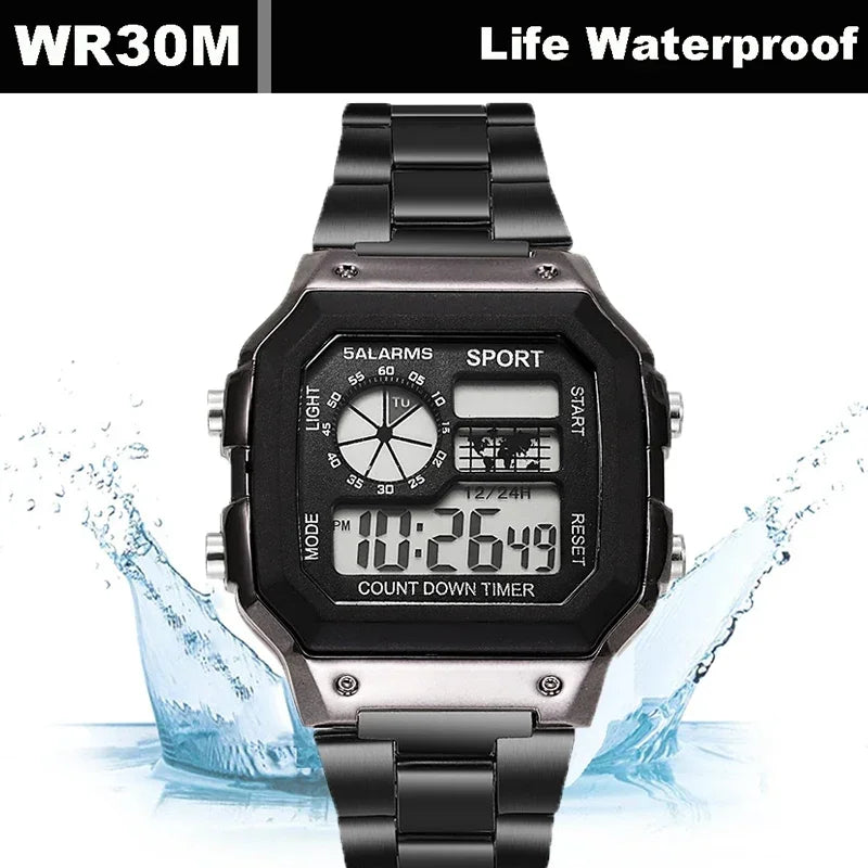 Classic Men's Digital Watch - Stainless Steel LED Wristwatch