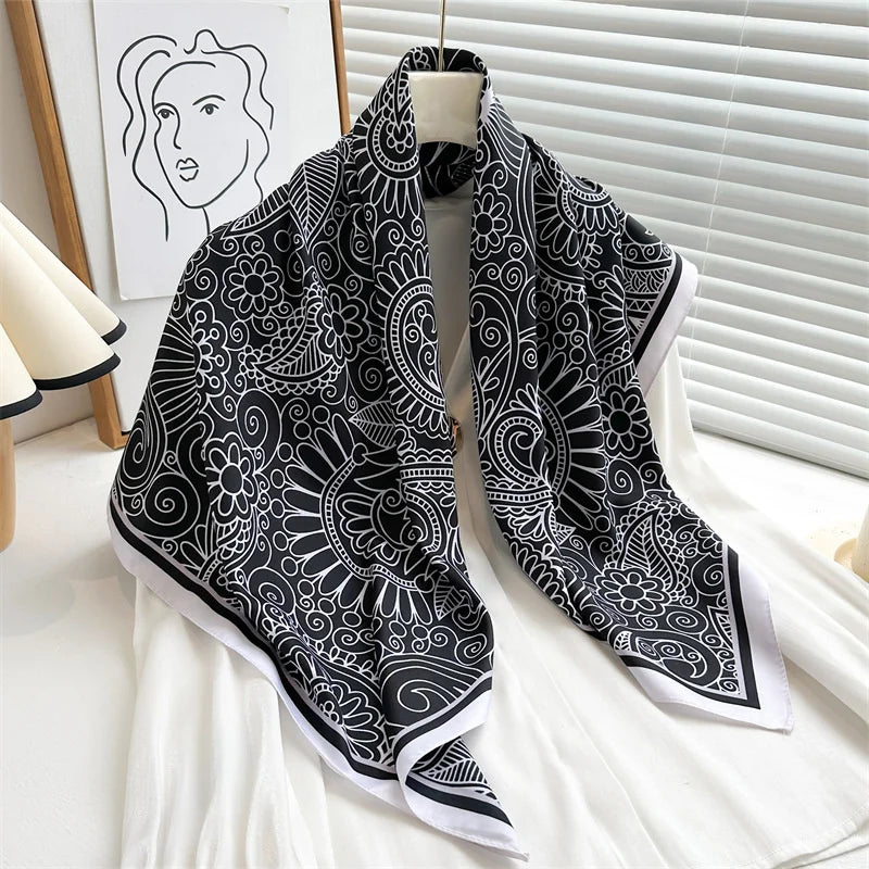 Luxury Square Silk Scarf - Elegant Tree Print Neck Shawl