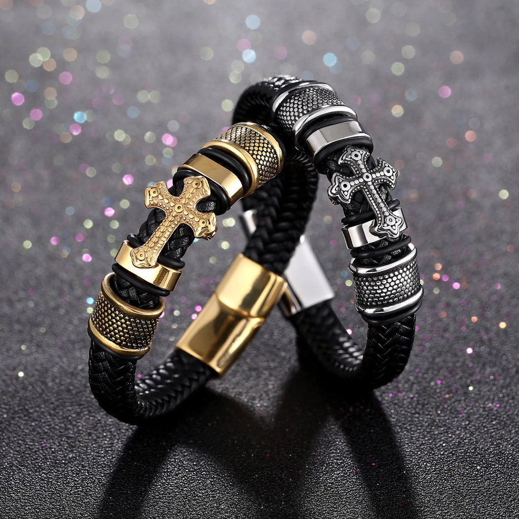 Luxury Men's Titanium Steel Bracelet - Vintage Leather Braided