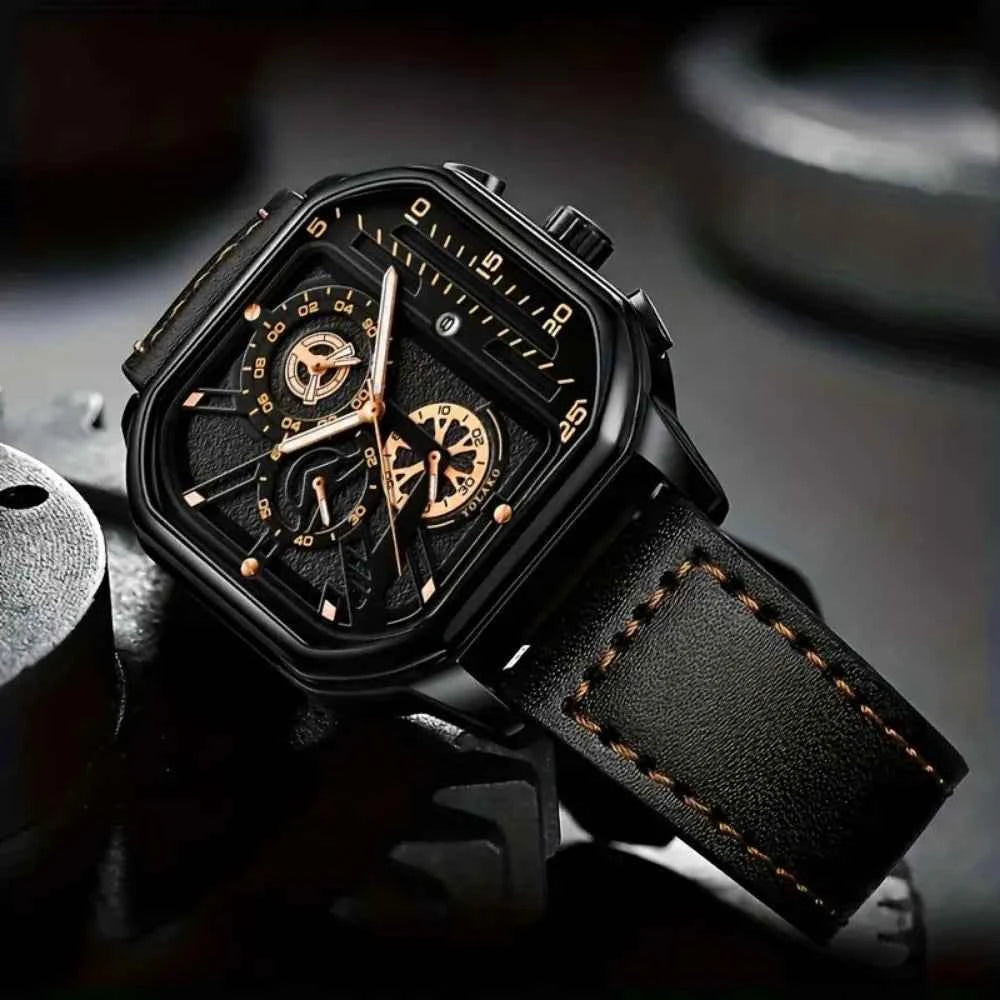 Luxury Big Dial Men Square Watch - Casual PU Leather Strap