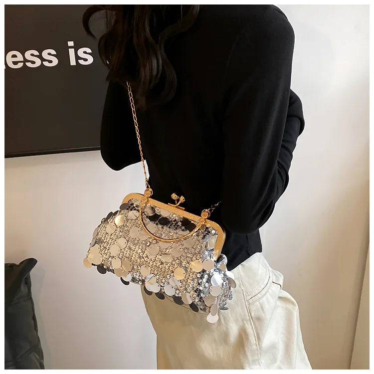 Elegant Sequins Evening Clutch Bag - Bling Chain Strap