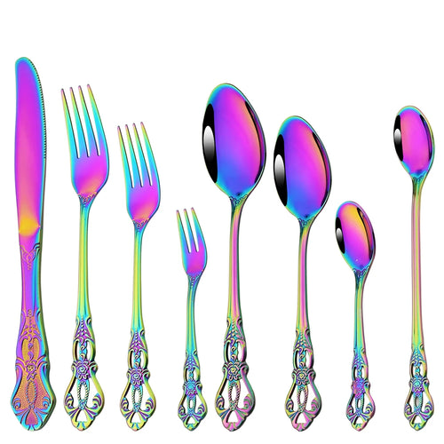 Rainbow Stainless Steel Flatware - vintage style set with knives, forks, and spoons