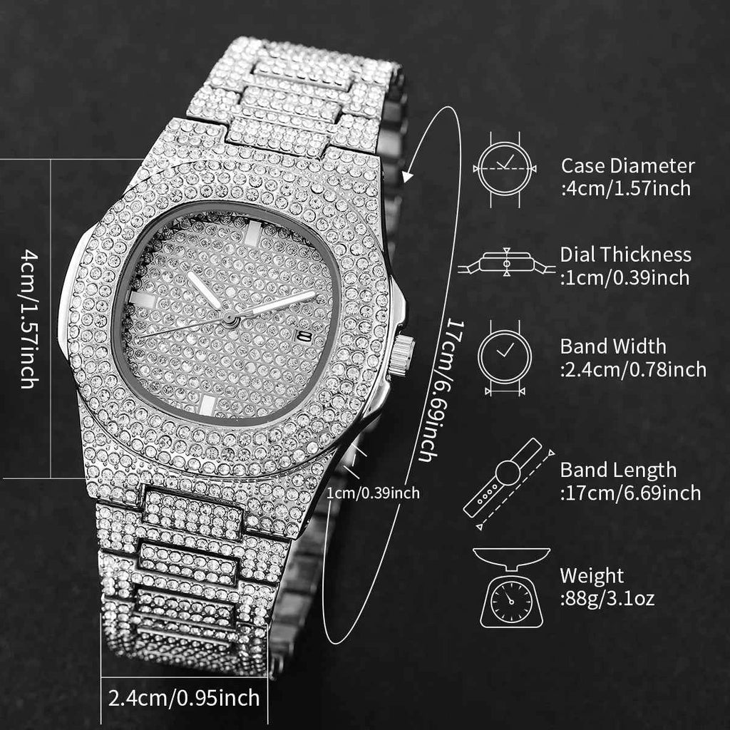 Luxury Diamond Men's Quartz Watch - Stainless Steel with Calendar